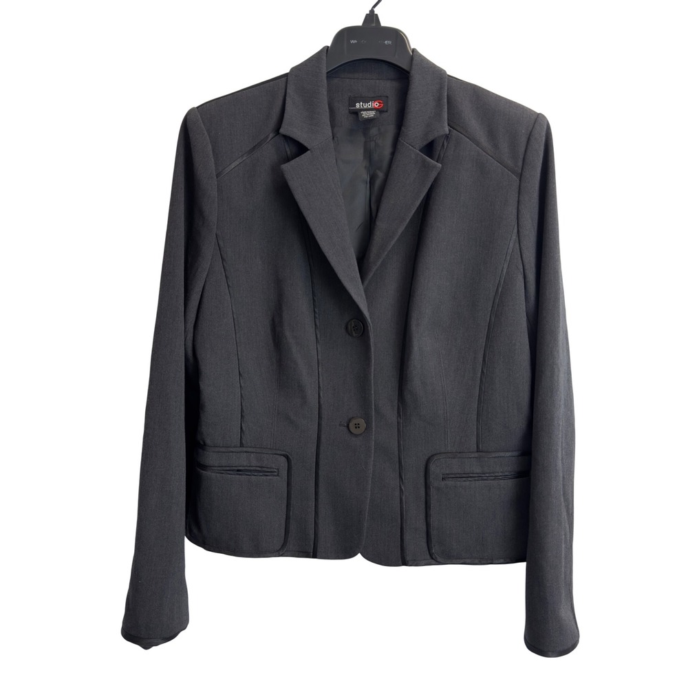 Studio‎ G Womens Charcoal Gray Satin Trim 2-Button Blazer Jacket Size 14